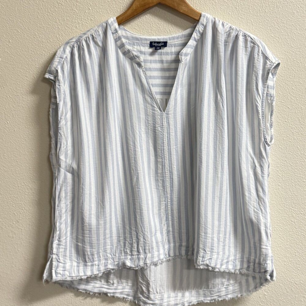Splendid XL Blue White Stripe Linen Blend Split Neck Raw Hem Top